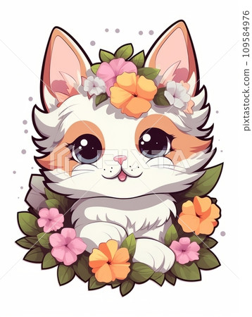 AI-generated content. Cartoon sticker cute kitten with flowers, AI 109584976