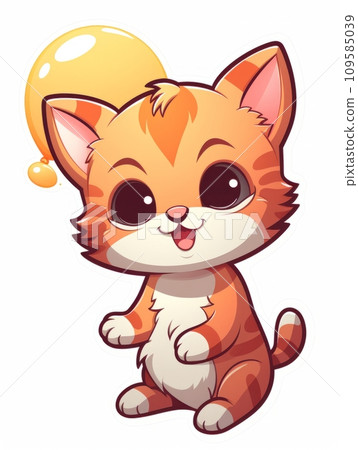 AI-generated content. Cartoon sticker cute kitten with balloon, AI 109585039
