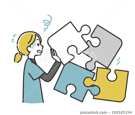 A female medical staff member is worried because the puzzles cannot be put together 109585354