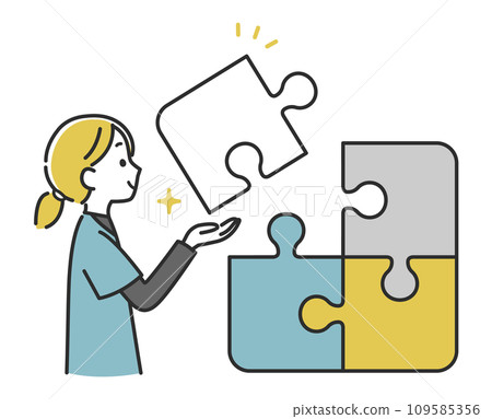 A female medical staff member looks happy as the puzzles come together neatly A female medical staff member looks happy as the puzzles come together neatly 109585356