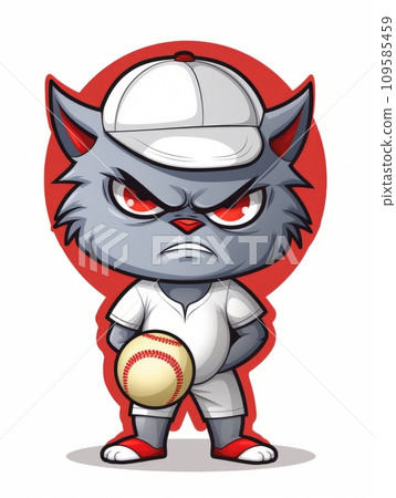 AI-generated content. Cartoon sticker angry kitten with a baseball ball, AI 109585459