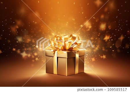 Gift box with a golden bow on the bokeh background. Vector illustration. Generative AI 109585517