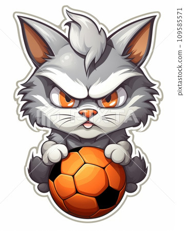 AI-generated content. Cartoon sticker angry kitten football player with a soccer ball, AI 109585571