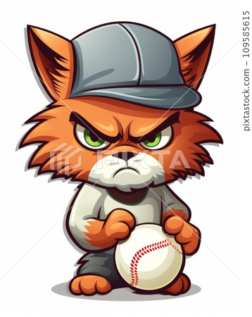 AI-generated content. Cartoon sticker angry kitten with a baseball ball, AI 109585615