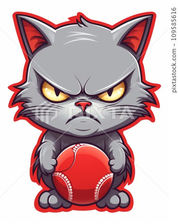 AI-generated content. Cartoon sticker angry kitten with a baseball ball, AI 109585616