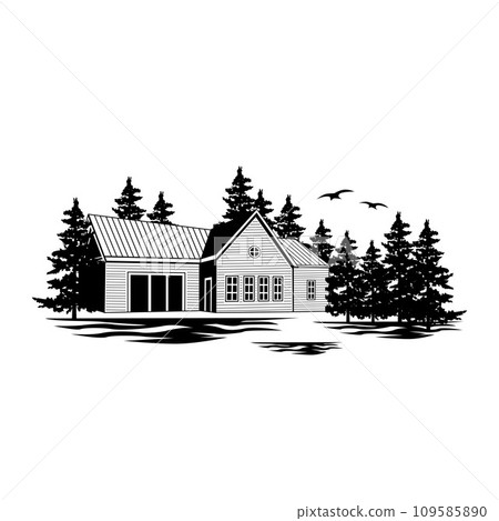 Vector illustration of a wooden house in a forest.-插圖素材 [109585890 ...
