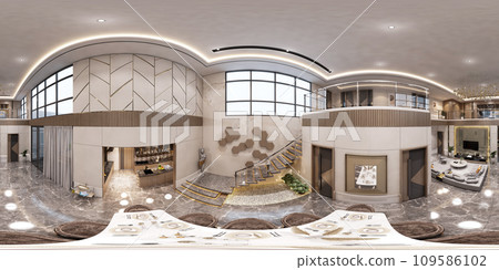 360-degree round 3D illustration that features a seamless panorama of a house interior design in a modern luxury style 109586102