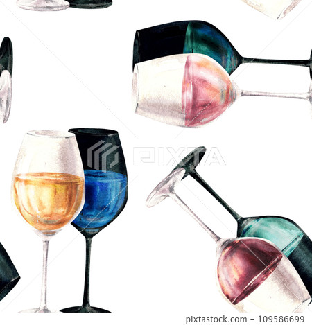 Watercolour seamless pattern. Glasses with white, red and rose wine with shadows. Hand drawn illustration Winemaking label, wine list, restaurant packing, wallpaper, textiles Isolated white background Watercolour seamless pattern. Glasses with white, red and rose wine with shadows. Hand drawn illustration Winemaking label, wine list, restaurant packing, wallpaper, textiles Isolated white background 109586699