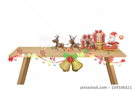 Santa claus with reindeer, sleigh, gift box, Jingle bell, candy cane, pine tree, calendar, clear glass lantern garlands on the table. merry christmas and happy new year, 3d render illustration 109586821