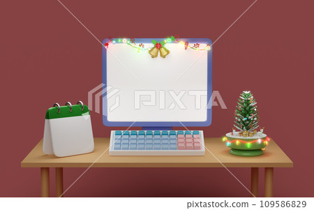 laptop computer with christmas tree, calendar, clear glass lantern garlands on the table. merry christmas and happy new year, 3d render illustration 109586829