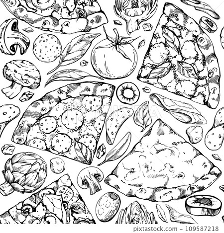 Hand drawn vector ink illustration. Pizza slice with toppings, traditional Italian cuisine meal. Seamless pattern isolated on white. Design restaurant menu, cafe, food shop or package, flyer, print. 109587218