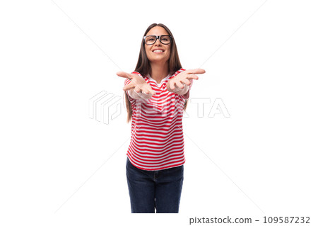 beautiful happy young caucasian woman with straight hair with glasses and in a striped t-shirt beautiful happy young caucasian woman with straight hair with glasses and in a striped t-shirt 109587232