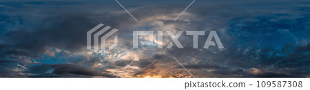 Sunset sky panorama with bright glowing pink Cumulus clouds. HDR 360 seamless spherical panorama. Full zenith or sky dome in 3D, sky replacement for aerial drone panoramas. Climate and weather change. 109587308