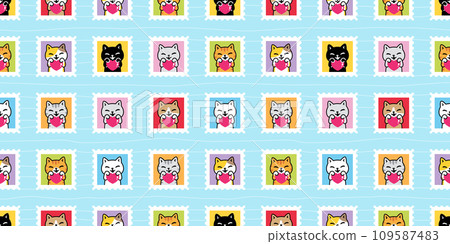 cat seamless pattern heart valentine kitten stamp post mail calico munchkin neko vector cartoon pet sticker doodle gift wrapping paper tile background repeat wallpaper illustration isolated design 109587483
