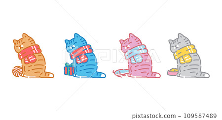 cat vector christmas scarf icon calico neko kitten pet bowl yarn ball gift box cartoon character symbol tattoo illustration clip art isolated design 109587489