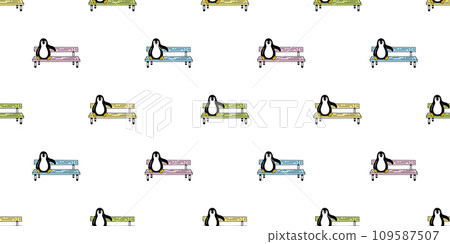 penguin seamless pattern sitting bench chair seat cartoon bird doodle gift wrapping paper tile background repeat wallpaper illustration isolated design 109587507