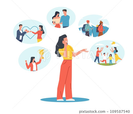 Woman recalls happy moments of her life. Positive memories. Thinking female character. Engagement, career achievement and vacation. Dreaming girl cartoon flat isolated vector concept Woman recalls happy moments of her life. Positive memories. Thinking female character. Engagement, career achievement and vacation. Dreaming girl cartoon flat isolated vector concept 109587540
