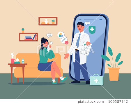 Telemedicine people. Male doctor observes patient on video link, online consultation, virtual examination, medical mobile app, huge smartphone, room interior. Vector cartoon flat concept Telemedicine people. Male doctor observes patient on video link, online consultation, virtual examination, medical mobile app, huge smartphone, room interior. Vector cartoon flat concept 109587542