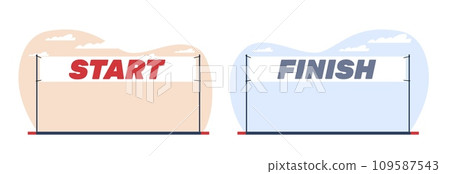 Start and finish banners. Flags for marathon or racing, triathlon and skiing competition. Equipment for sportsground and stadium. Racetrack pennant. Cartoon flat isolated vector concept 109587543