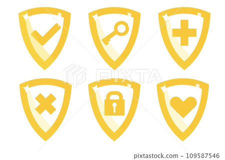 Set of shields with lock, yellow key and padlock, cross, heart and tick. Protection and insurance. Antivirus signs. Website icons. Guarantee emblem. Account verification. Vector isolated set Set of shields with lock, yellow key and padlock, cross, heart and tick. Protection and insurance. Antivirus signs. Website icons. Guarantee emblem. Account verification. Vector isolated set 109587546