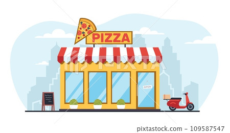 Pizzeria building in city. Italian restaurant facade. Front view cafe. Fastfood construction. Delivery scooter. Urban architecture with glass door and windows. Cartoon flat vector concept Pizzeria building in city. Italian restaurant facade. Front view cafe. Fastfood construction. Delivery scooter. Urban architecture with glass door and windows. Cartoon flat vector concept 109587547