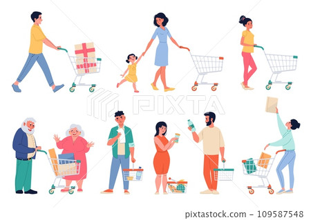 People with shopping carts. Happy buyers with supermarket baskets, sales and discounts season, black Friday in store, men and women buying food and gifts. Vector cartoon flat isolated set People with shopping carts. Happy buyers with supermarket baskets, sales and discounts season, black Friday in store, men and women buying food and gifts. Vector cartoon flat isolated set 109587548
