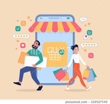People shopping online. Couple go out with purchases from mobile app, virtual store in phone, satisfied customers with goods. Internet shop app, cartoon flat isolated vector concept People shopping online. Couple go out with purchases from mobile app, virtual store in phone, satisfied customers with goods. Internet shop app, cartoon flat isolated vector concept 109587549