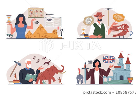 History lesson concept. Time periods of civilization development, Ancient Egypt, Rome, Stone Age, knowledge of past. Male and female teachers cartoon flat isolated nowaday vector set History lesson concept. Time periods of civilization development, Ancient Egypt, Rome, Stone Age, knowledge of past. Male and female teachers cartoon flat isolated nowaday vector set 109587575