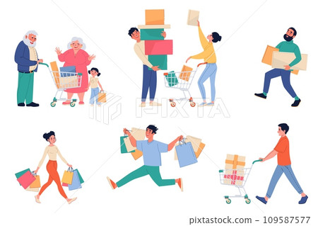 Happy people on shopping. Male and female characters with packages, boxes and carts, buying goods, chasing sales and discounts, buying gifts and presents cartoon flat isolated vector set 109587577