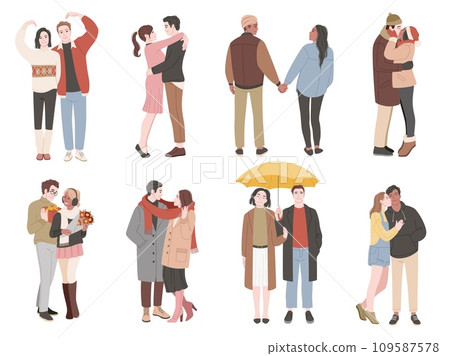 Happy couples in love. Romantic girls and guys in a relationship, people kissing and hugging, men and women lovers characters. Girlfriend and boyfriend together. Cartoon flat tidy vector set Happy couples in love. Romantic girls and guys in a relationship, people kissing and hugging, men and women lovers characters. Girlfriend and boyfriend together. Cartoon flat tidy vector set 109587578