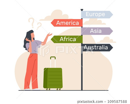 Girl chooses continent to plan summer vacation. Woman with luggage stands near sign board. Signpost direction chosen. Journey destination, arrow pointer cartoon isolated vector concept 109587588