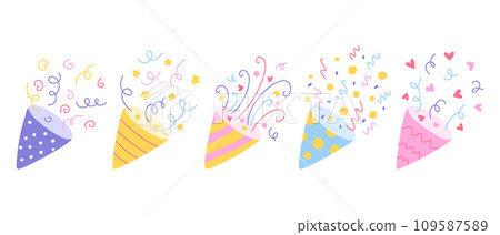 Party Confetti Popper Set. Collection of Isolated confetti, explosion, firecracker, celebration in hand drawn style. Vector illustration. Party Confetti Popper Set. Collection of Isolated confetti, explosion, firecracker, celebration in hand drawn style. Vector illustration. 109587589