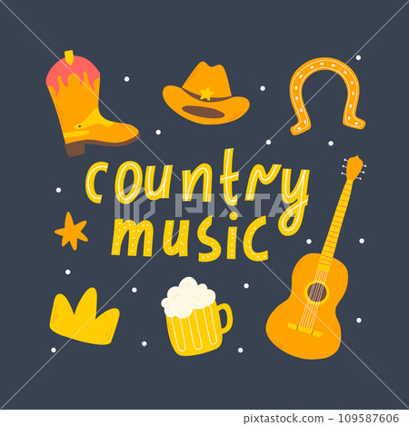 Country music concept.Set of country music elements in hand drawn style. Cowboy music vector illustration. 109587606