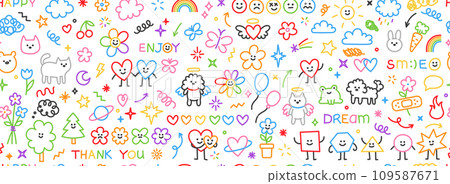 Cute kid scribble doodle icons seamless pattern. Sun flower heart cat dog rainbow cloud smile elements sign and symbols in children drawing style. Hand drawn childish funny simple vector background. 109587671