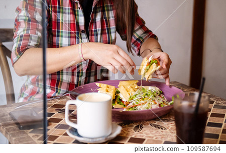 Caucasian woman in casual clothes having lunch in cafe. 109587694