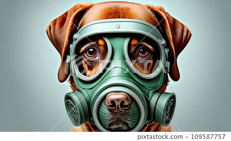 dog wearing a gas mask 109587757