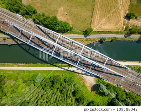 Crossing Paths: Aerial View of a Railway Bridge Over a Canal Crossing Paths: Aerial View of a Railway Bridge Over a Canal 109588042