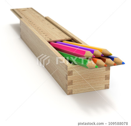 Multicolored wooden pencils in wooden box - 3D illustration Multicolored wooden pencils in wooden box - 3D illustration 109588078
