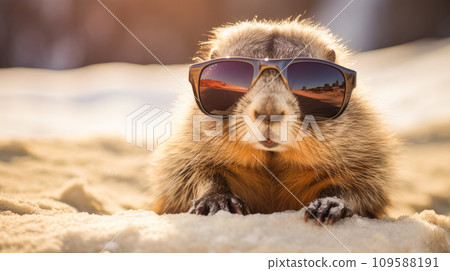 A cute, fluffy marmot crawled out of his hole wearing sunglasses among the white snow on a sunny day. 109588191