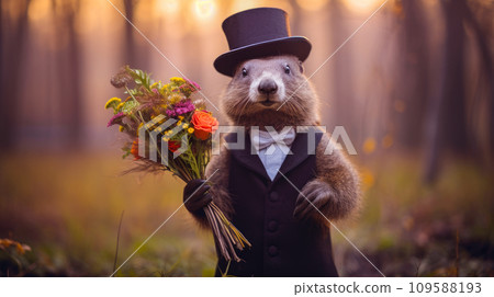 Cute, smiling fluffy marmot in a top hat and suit with a large bouquet of spring flowers, in a sunny forest. 109588193