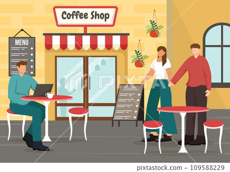 Coffee Shop Vector Illustration with Interior and Furniture Suitable for Poster or Advertisement in Flat Cartoon Background Design Coffee Shop Vector Illustration with Interior and Furniture Suitable for Poster or Advertisement in Flat Cartoon Background Design 109588229