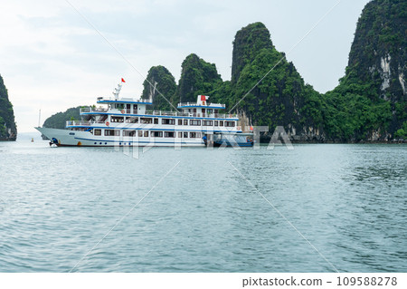 Vietnam Halong Bay cruise ship with strange rocks Vietnam Halong Bay cruise ship with strange rocks 109588278