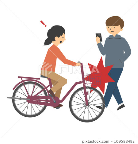 Illustration of a collision between a bicycle driven by a woman and a man walking while looking at his smartphone 109588492