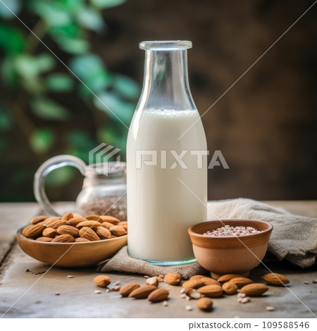 Almond milk in bottle with nuts. Non Dairy milk substitute drink, healthy eating. 109588546