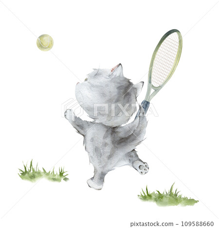 Little fluffy gray kitten tennis player holding racket on grass watercolor illustration. Hand drawn isolated on a white background. pet cat cartoon for kids. Sketch abstract burnt spring herb 109588660