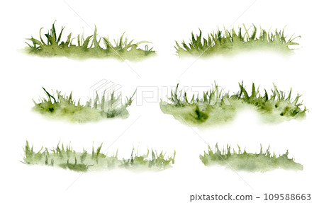 Set of watercolor grass. Hand drawn light green withered herb pattern in the sun. Sketch abstract burnt spring fresh grass kit. Illustration on isolated white background 109588663