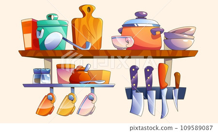 Kitchen shelf with utensils hanging on wall 109589087