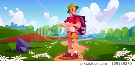 Male tourist with backpack and map in hands 109589270