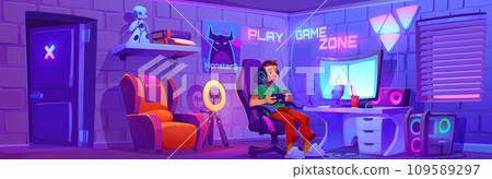 Young man playing video game on computer. 109589297
