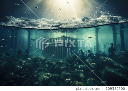 Classic building with pillars half-submerged in water, with money sinking underwater, symbolizing a financial crisis or bank failure. 109589300